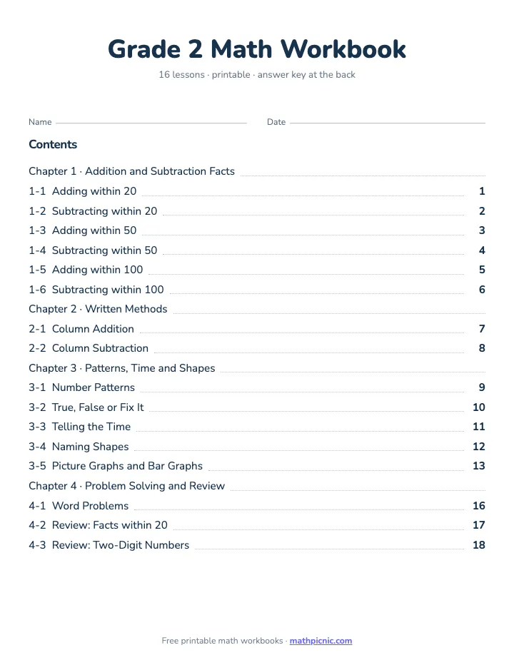 2nd Grade Math Workbook — printable workbook cover