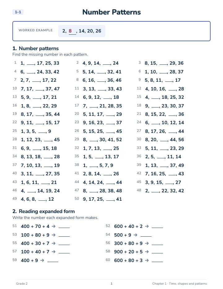 2nd Grade Time, Shapes and Patterns Workbook — A lesson page: the worked example, then the exercise