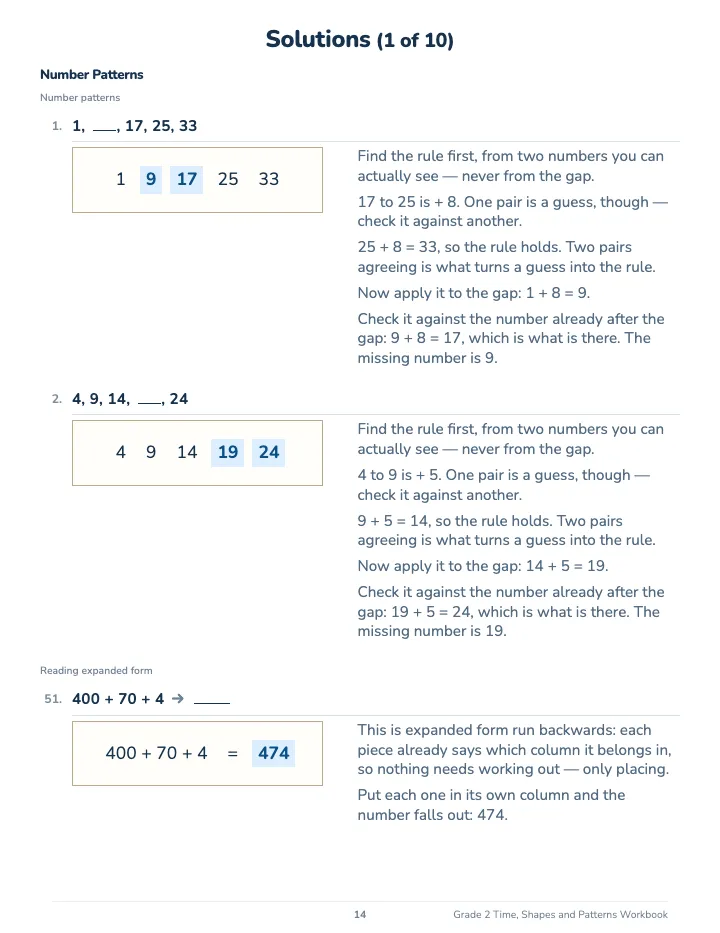 2nd Grade Time, Shapes and Patterns Workbook — The back of the book: a worked solution for each kind of question