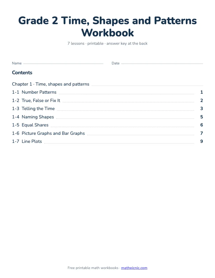 2nd Grade Time, Shapes and Patterns Workbook — printable workbook cover