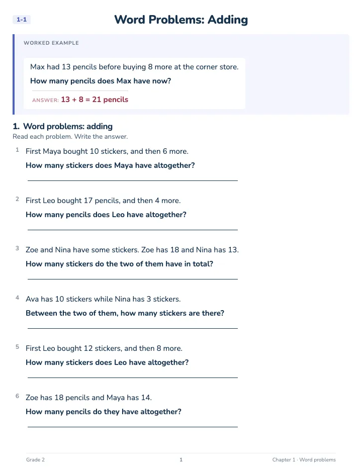 2nd Grade Word Problems Workbook — A lesson page: the worked example, then the exercise