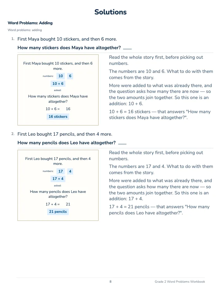 2nd Grade Word Problems Workbook — The back of the book: a worked solution for each kind of question