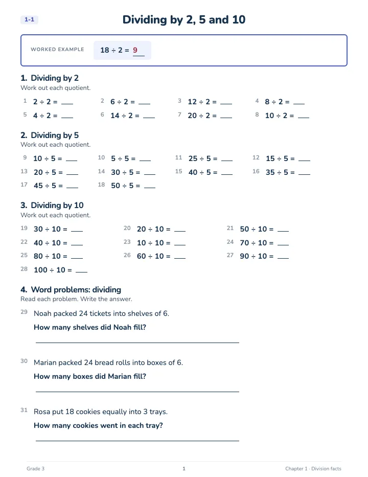 3rd Grade Division Facts Workbook — A lesson page: the worked example, then the exercise