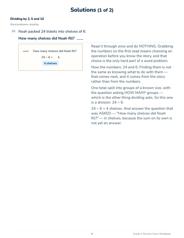 3rd Grade Division Facts Workbook — The back of the book: a worked solution for each kind of question