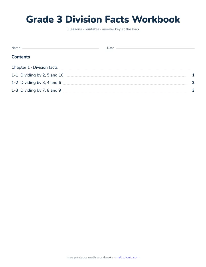 3rd Grade Division Facts Workbook — printable workbook cover