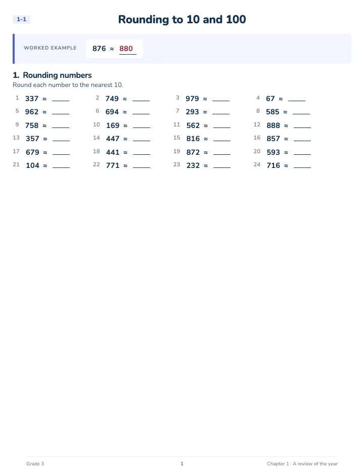 3rd Grade Math Review Workbook — A lesson page: the worked example, then the exercise
