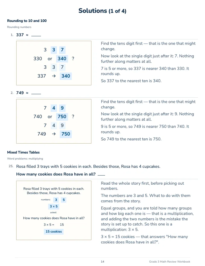3rd Grade Math Review Workbook — The back of the book: a worked solution for each kind of question