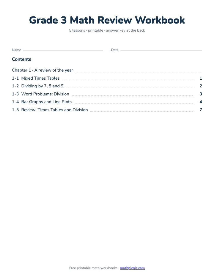 3rd Grade Math Review Workbook — printable workbook cover