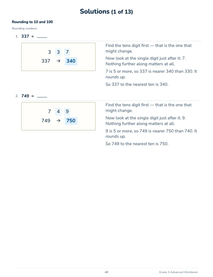 3rd Grade Math Workbook: Advanced — The back of the book: a worked solution for each kind of question