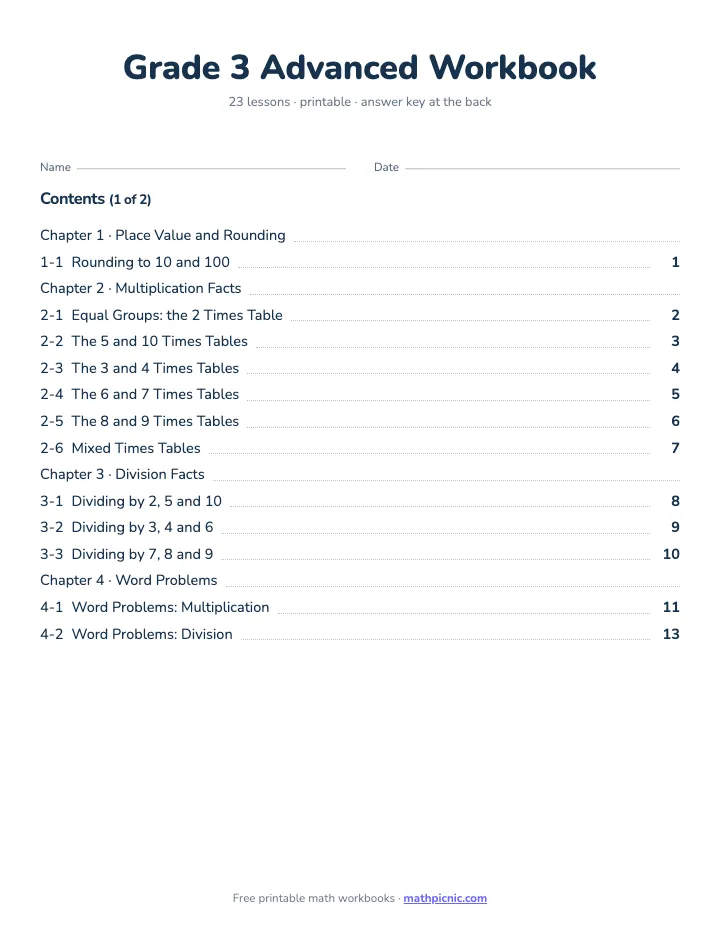 3rd Grade Math Workbook: Advanced — printable workbook cover