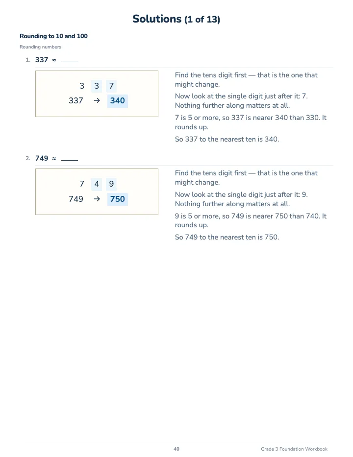 3rd Grade Math Workbook: Foundation — The back of the book: a worked solution for each kind of question