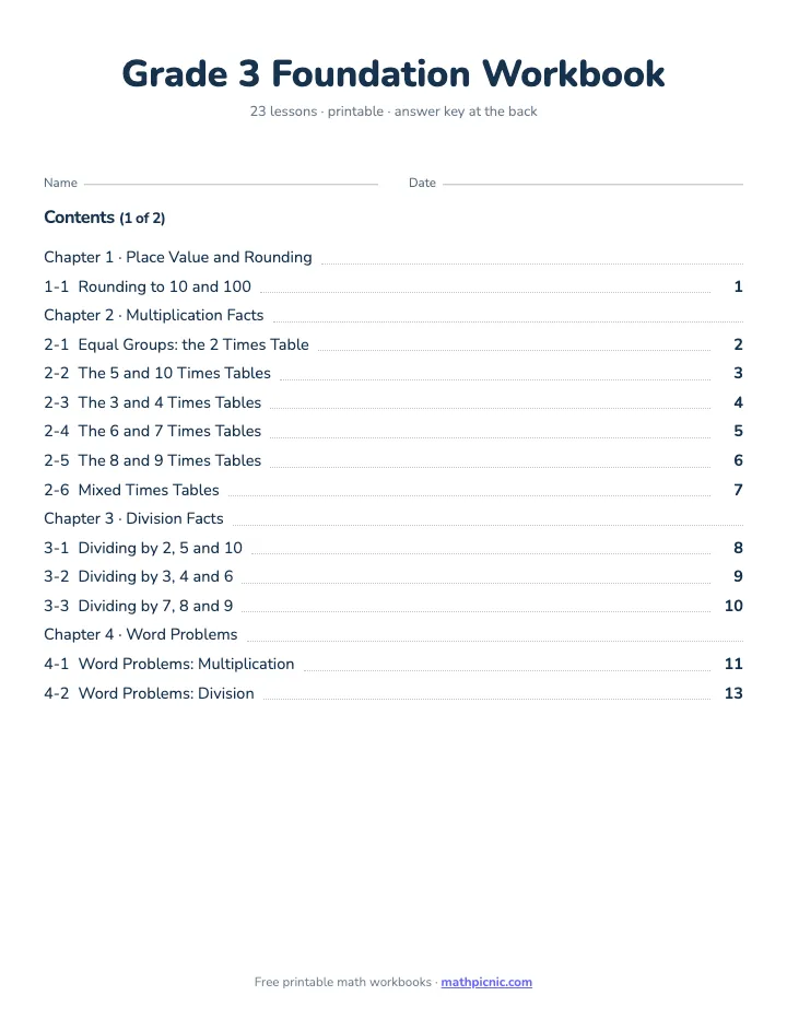 3rd Grade Math Workbook: Foundation — printable workbook cover