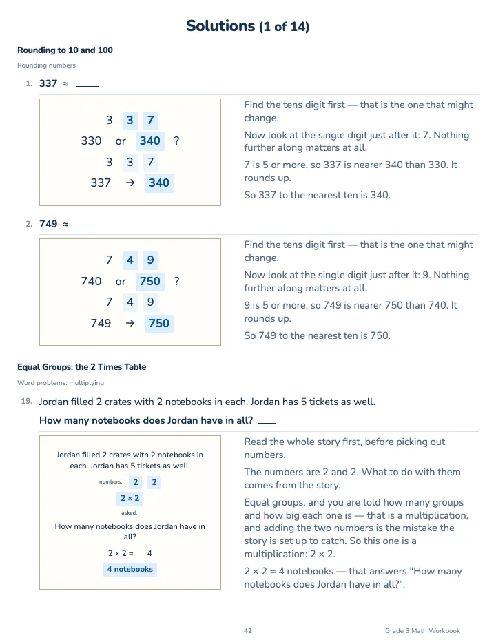 3rd Grade Math Workbook — The back of the book: a worked solution for each kind of question