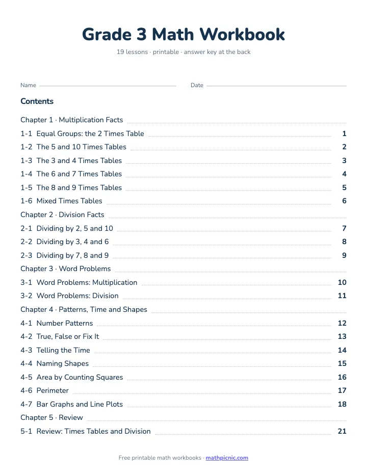 Printable graded math workbook — a bound book of lessons and practice