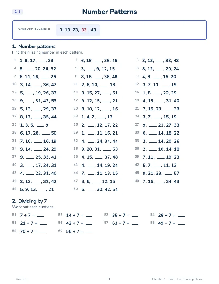 3rd Grade Time, Shapes and Patterns Workbook — A lesson page: the worked example, then the exercise