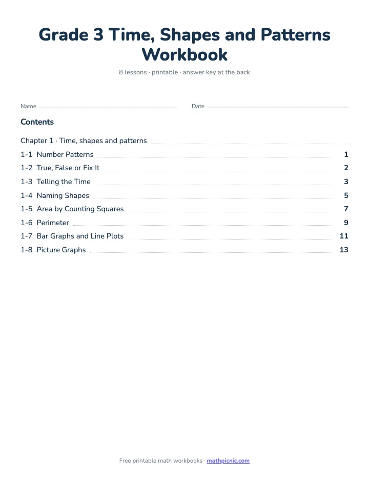 3rd Grade Time, Shapes and Patterns Workbook — printable workbook cover