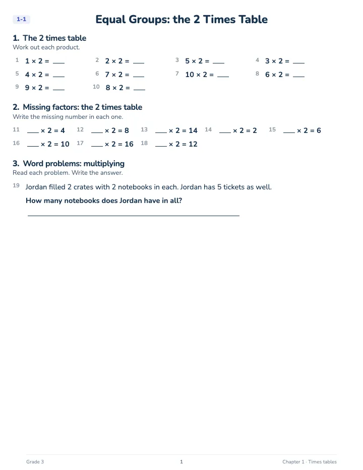 3rd Grade Times Tables Workbook — A lesson page: the worked example, then the exercise