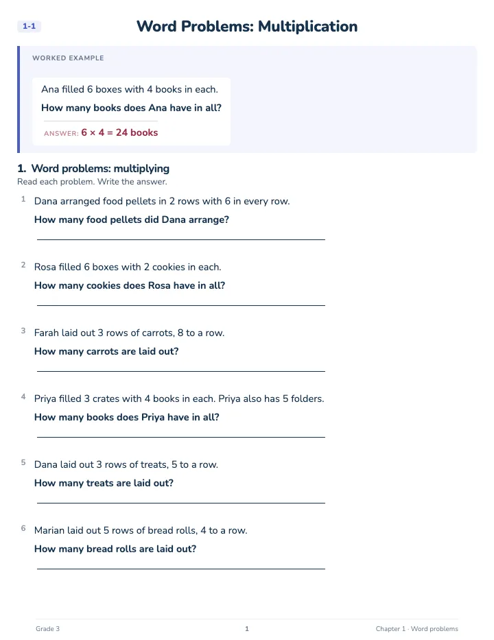 3rd Grade Word Problems Workbook — A lesson page: the worked example, then the exercise