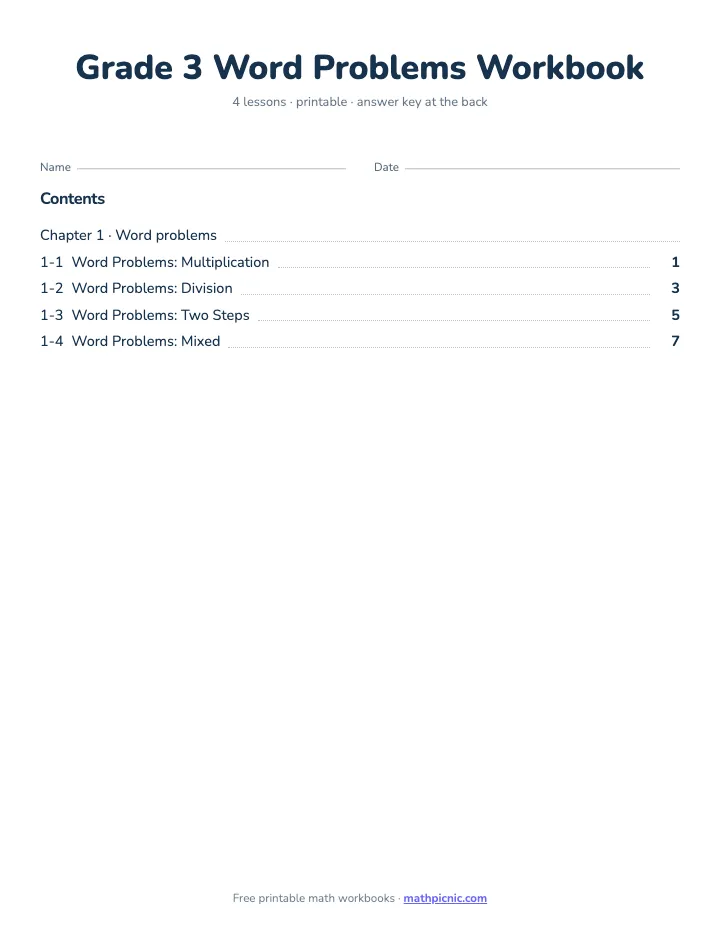 3rd Grade Word Problems Workbook — printable workbook cover