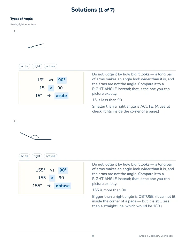 4th Grade Geometry Workbook — The back of the book: a worked solution for each kind of question