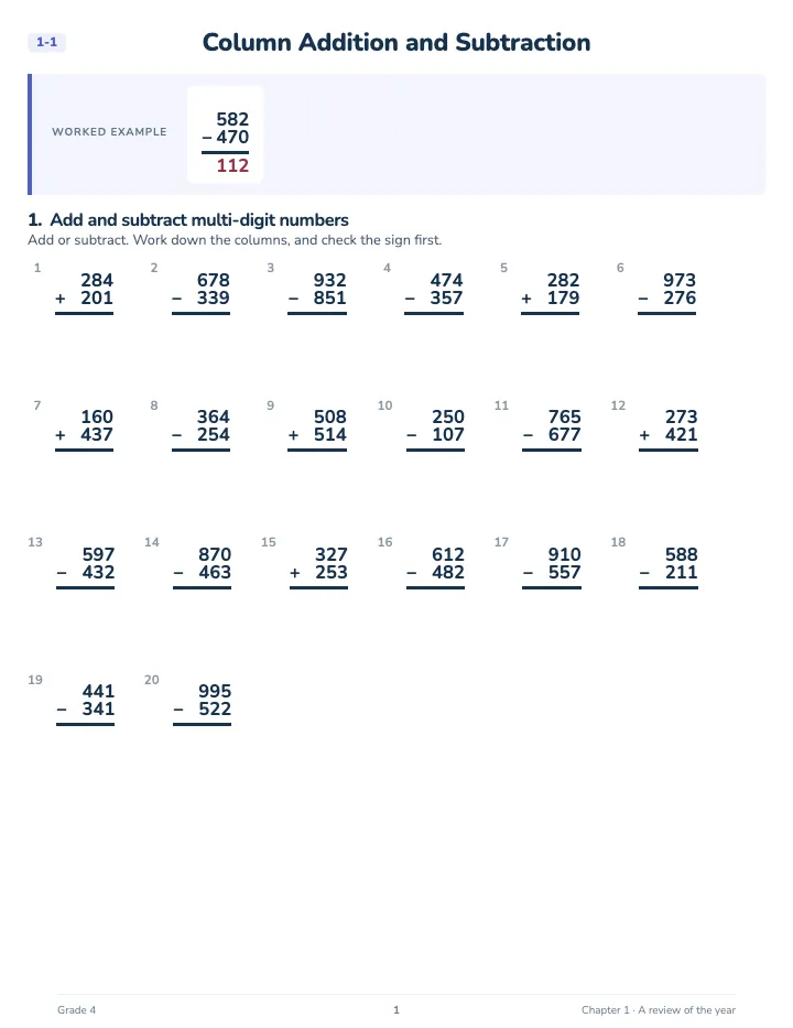 4th Grade Math Review Workbook — A lesson page: the worked example, then the exercise