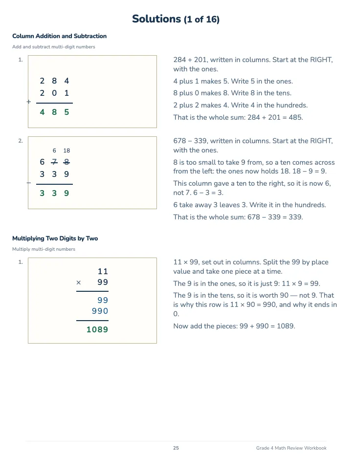 4th Grade Math Review Workbook — The back of the book: a worked solution for each kind of question