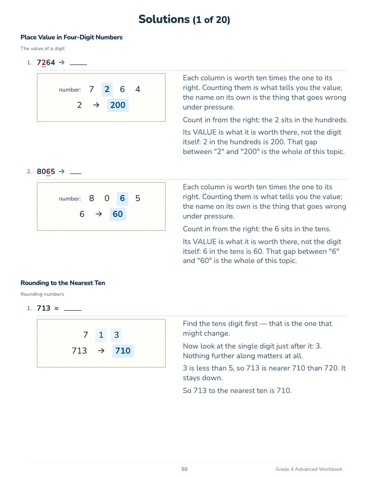 4th Grade Math Workbook: Advanced — The back of the book: a worked solution for each kind of question
