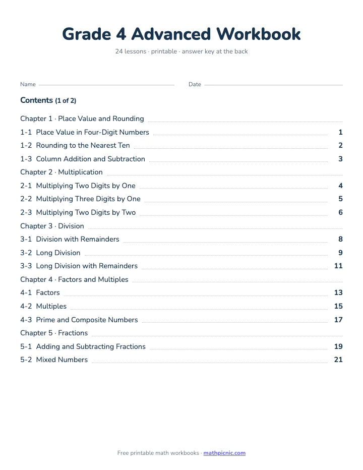 4th Grade Math Workbook: Advanced — printable workbook cover