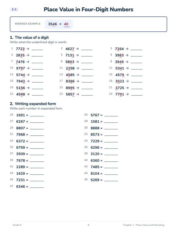4th Grade Math Workbook: Foundation — A lesson page: the worked example, then the exercise