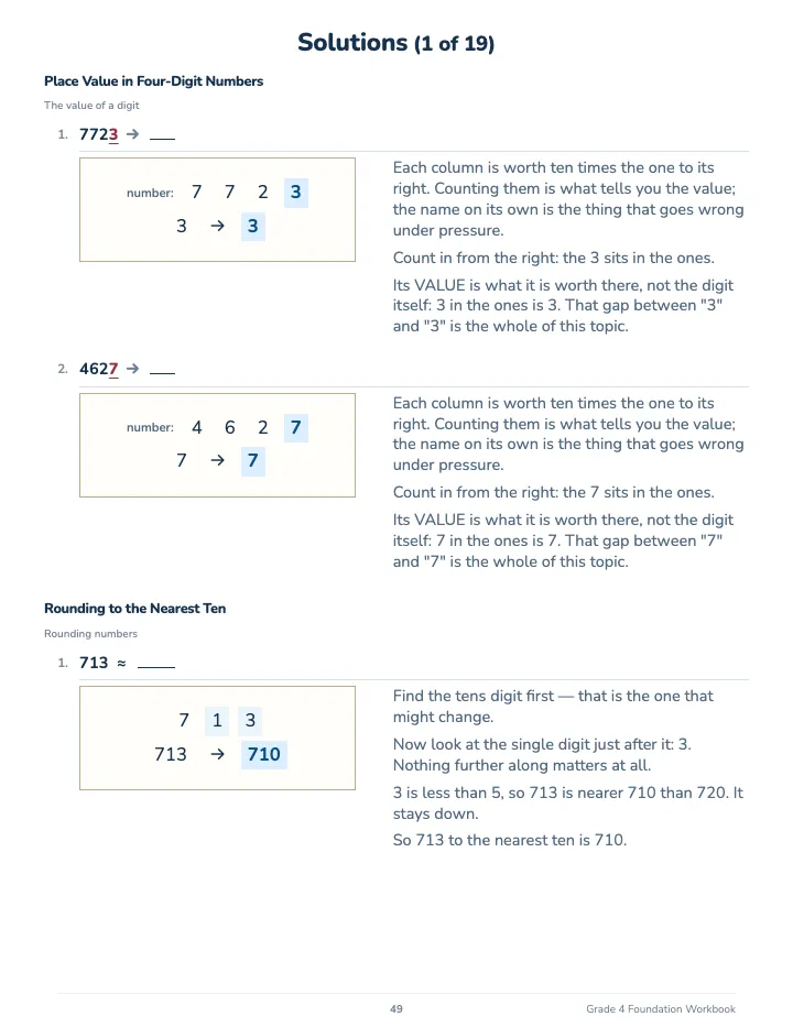 4th Grade Math Workbook: Foundation — The back of the book: a worked solution for each kind of question