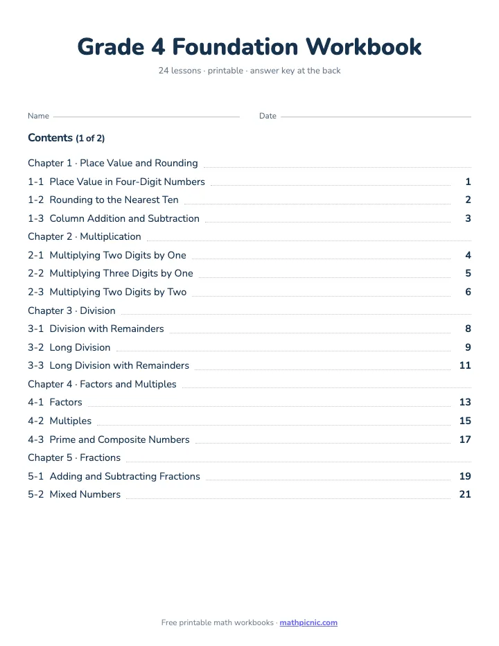 4th Grade Math Workbook: Foundation — printable workbook cover
