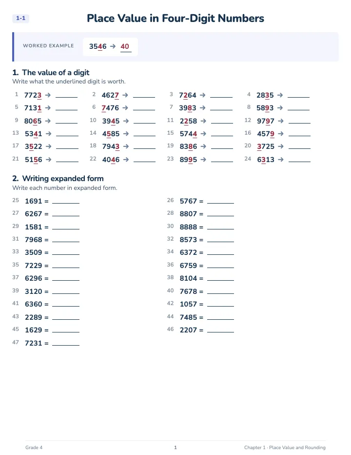 4th Grade Math Workbook — A lesson page: the worked example, then the exercise