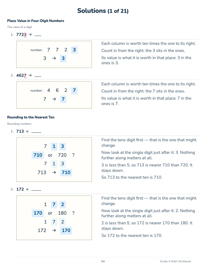 4th Grade Math Workbook — The back of the book: a worked solution for each kind of question
