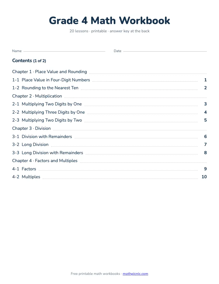 4th Grade Math Workbook — printable workbook cover