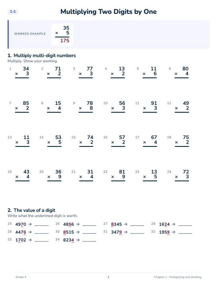 4th Grade Multiplying and Dividing Workbook — A lesson page: the worked example, then the exercise