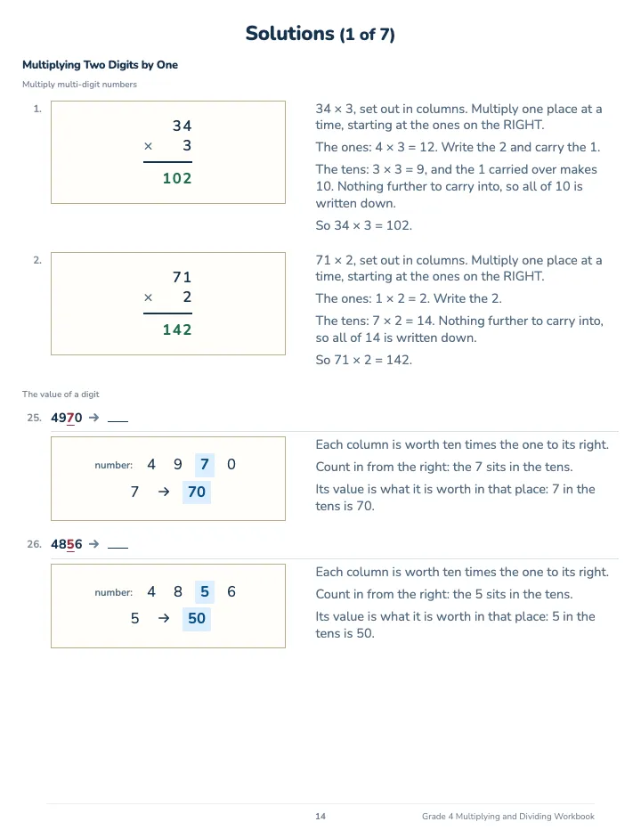 4th Grade Multiplying and Dividing Workbook — The back of the book: a worked solution for each kind of question