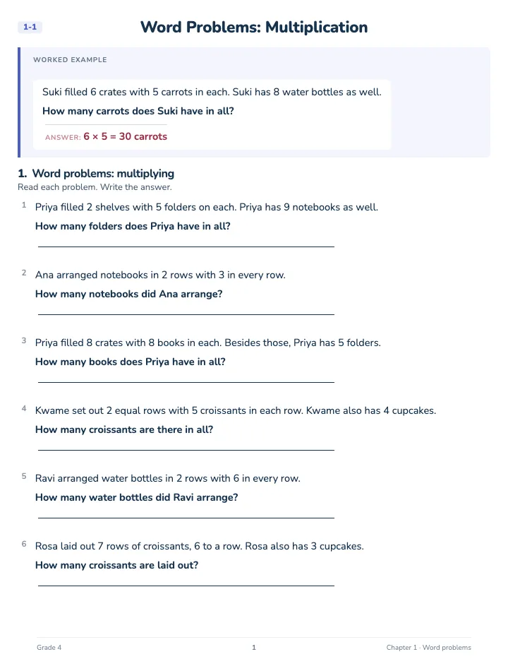 4th Grade Word Problems Workbook — A lesson page: the worked example, then the exercise
