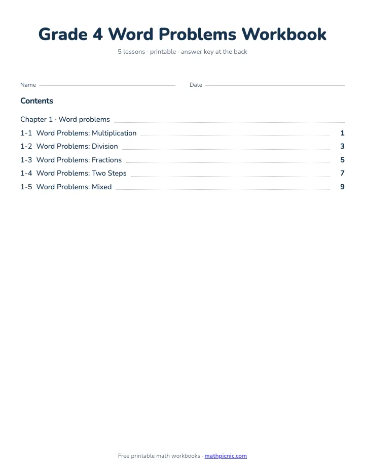 4th Grade Word Problems Workbook — printable workbook cover
