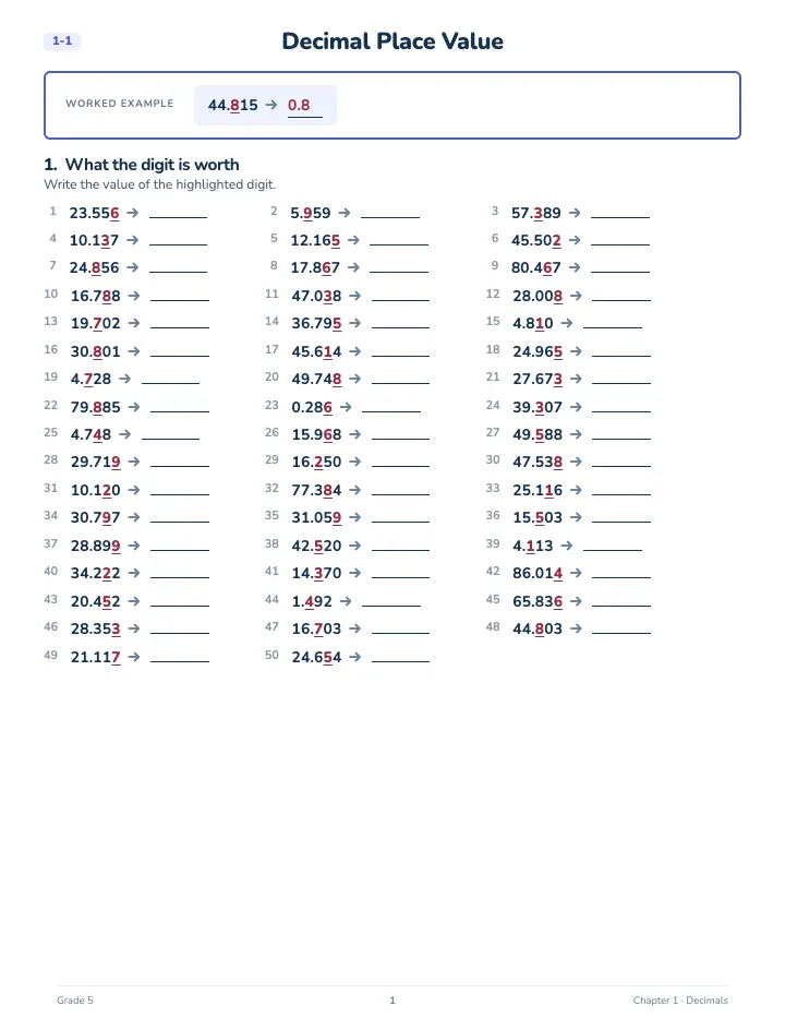 5th Grade Decimals Workbook — A lesson page: the worked example, then the exercise