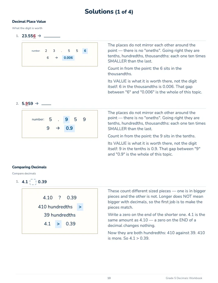 5th Grade Decimals Workbook — The back of the book: a worked solution for each kind of question