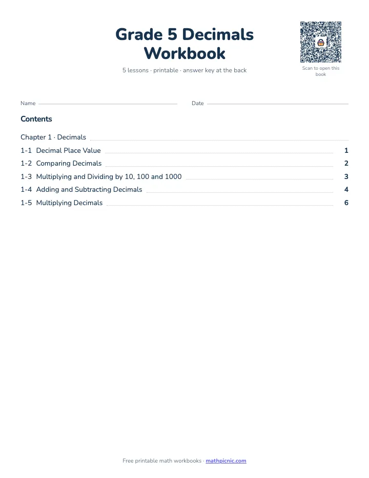 5th Grade Decimals Workbook — printable workbook cover