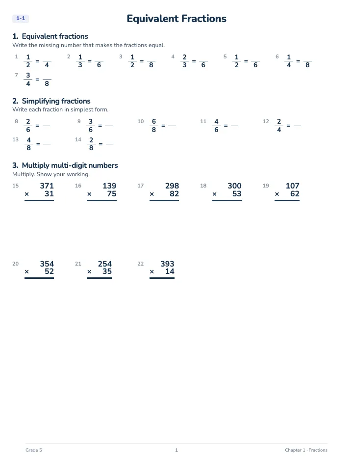 5th Grade Fractions Workbook — A lesson page: the worked example, then the exercise