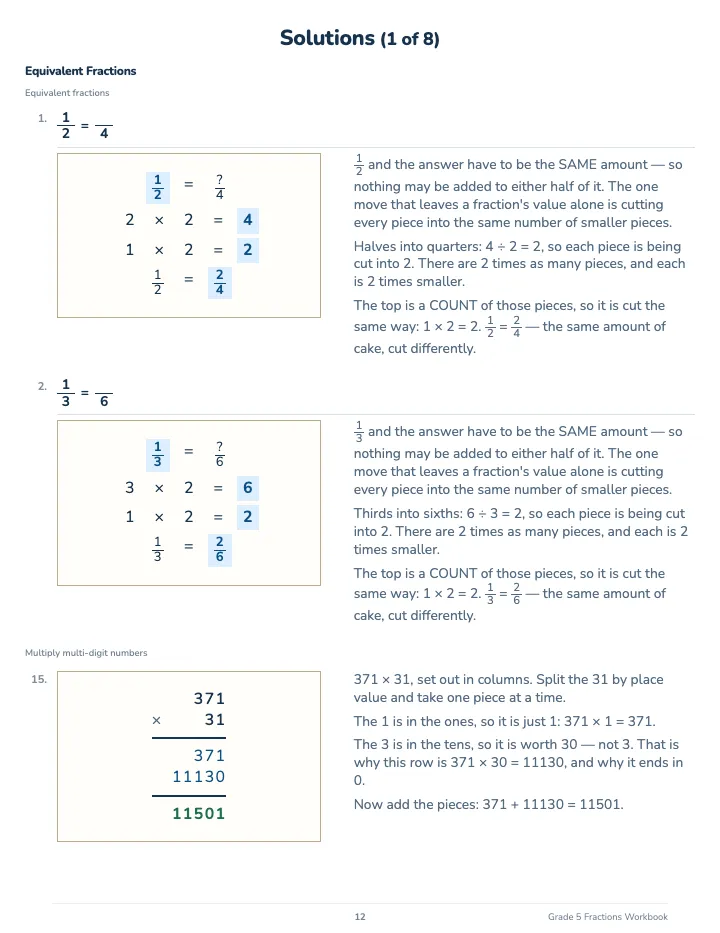 5th Grade Fractions Workbook — The back of the book: a worked solution for each kind of question