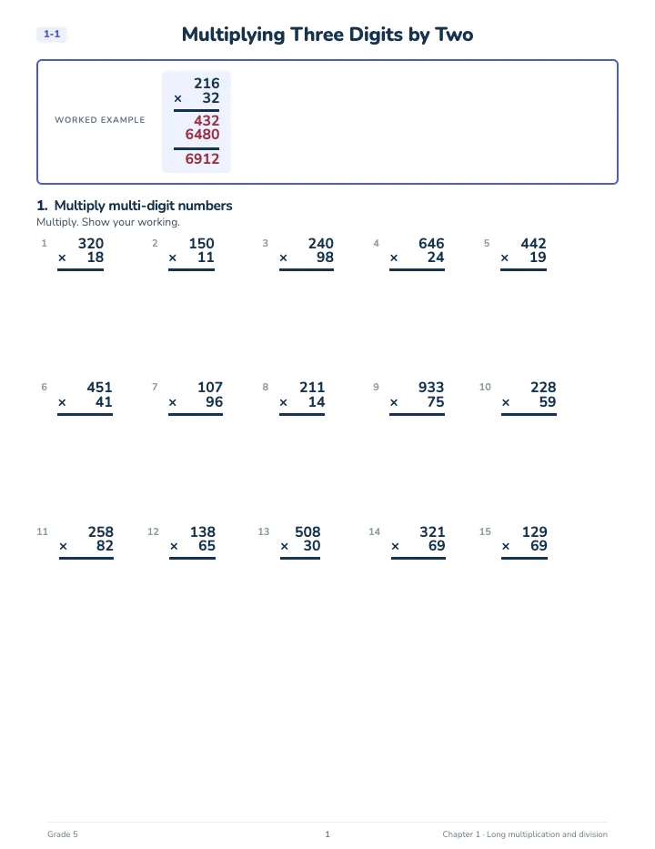 5th Grade Long Multiplication and Division Workbook — A lesson page: the worked example, then the exercise