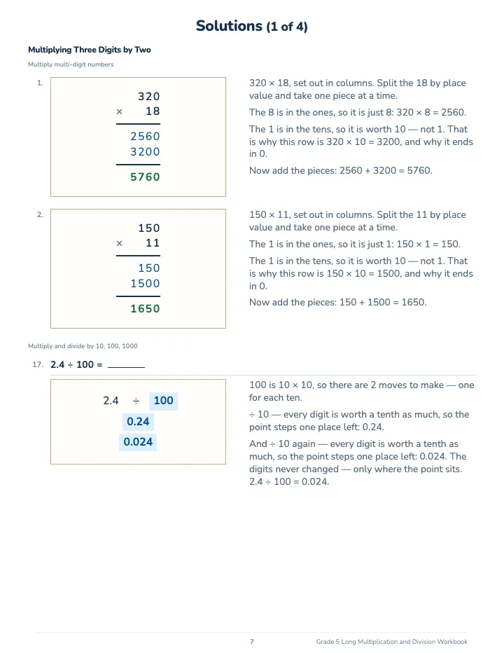 5th Grade Long Multiplication and Division Workbook — The back of the book: a worked solution for each kind of question