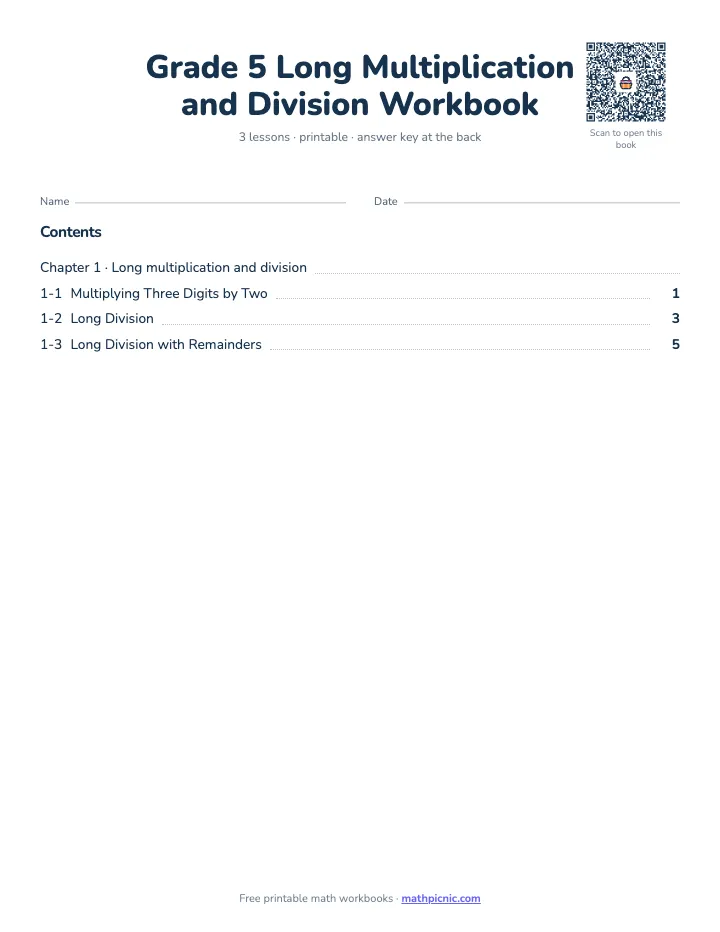 5th Grade Long Multiplication and Division Workbook — printable workbook cover
