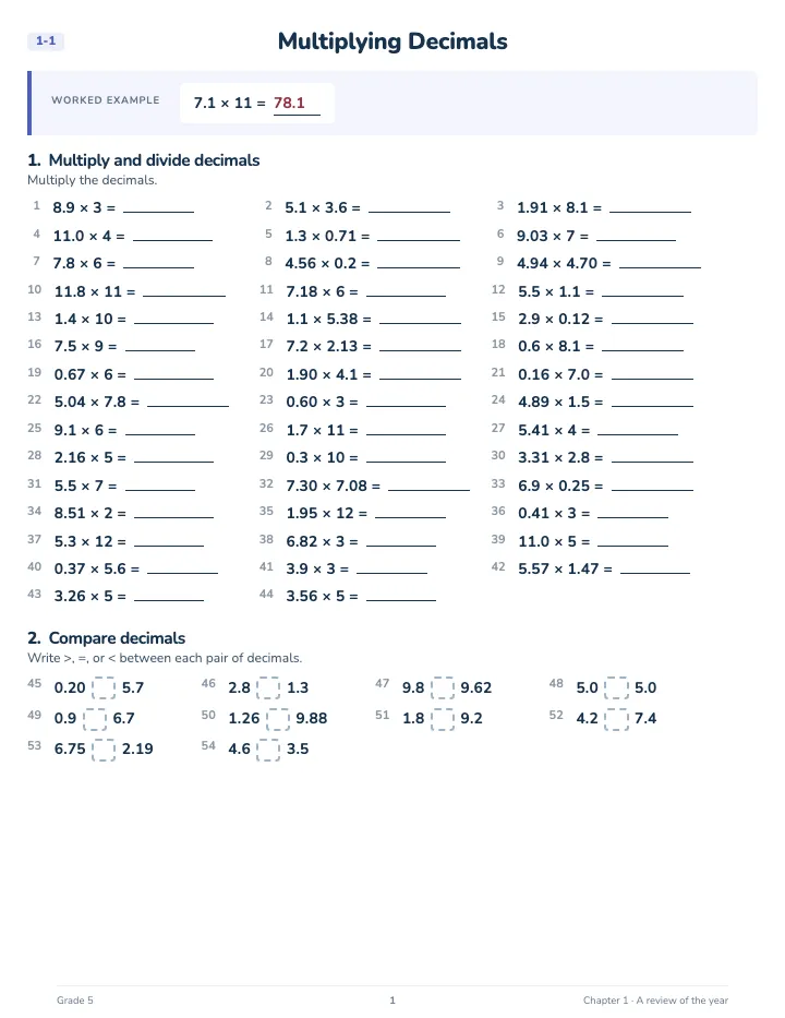 5th Grade Math Review Workbook — A lesson page: the worked example, then the exercise