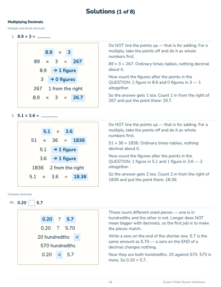 5th Grade Math Review Workbook — The back of the book: a worked solution for each kind of question