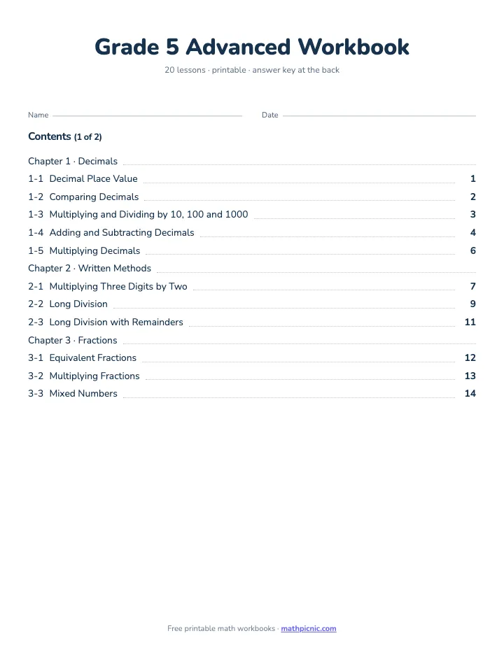 5th Grade Math Workbook: Advanced — printable workbook cover
