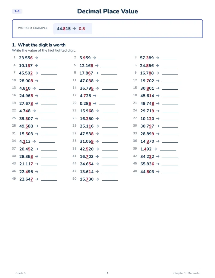 5th Grade Math Workbook: Foundation — A lesson page: the worked example, then the exercise
